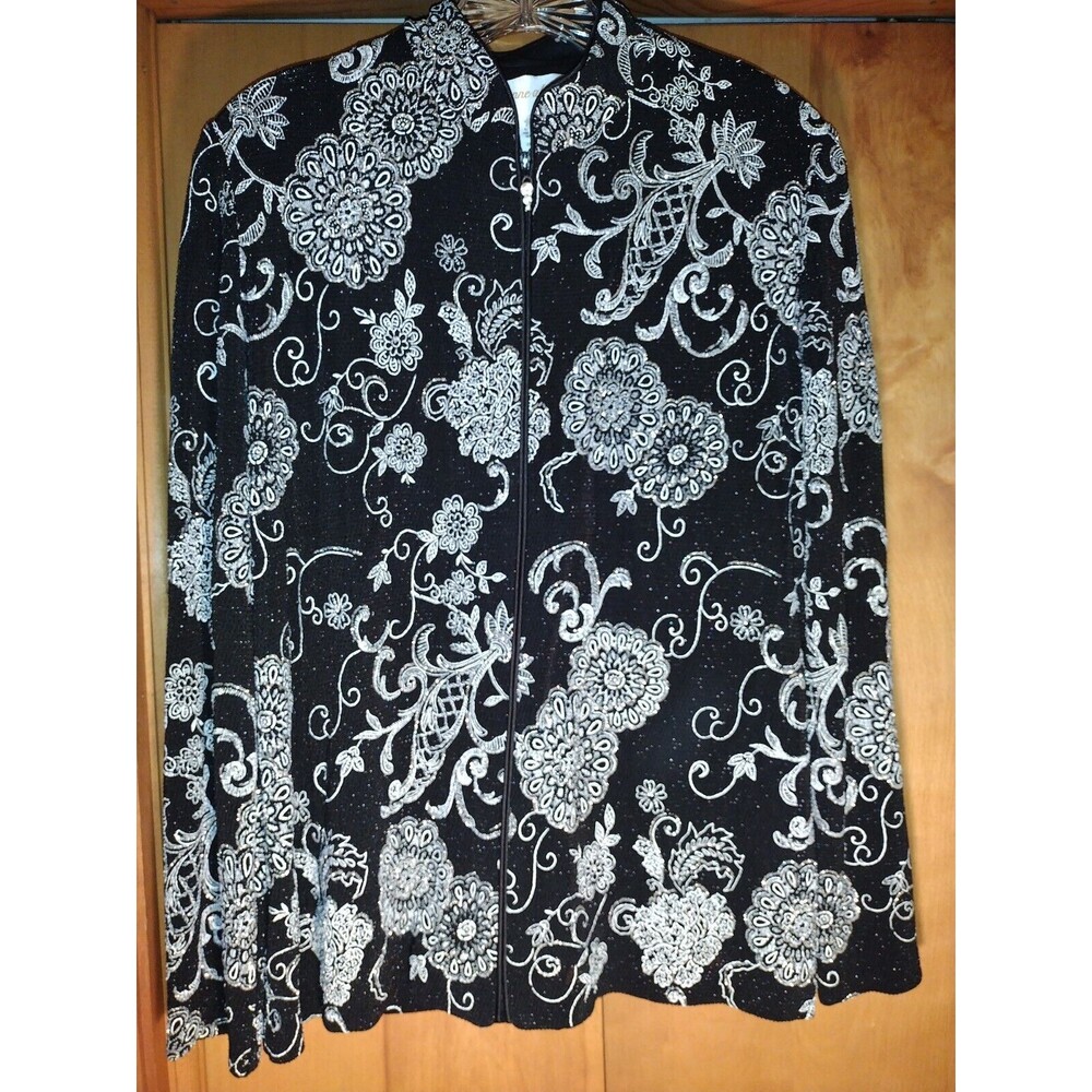 Jeanne Alexander Jacket Sparkly Zipper Front Black & Silver Medium Grannycore